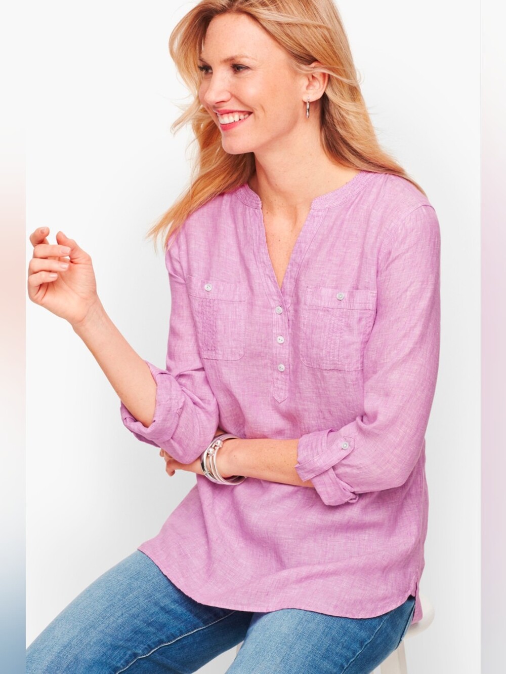 Talbots 100% Linen Pintuck Popover Lavander Button Front Roll Tab Sleeve LP
